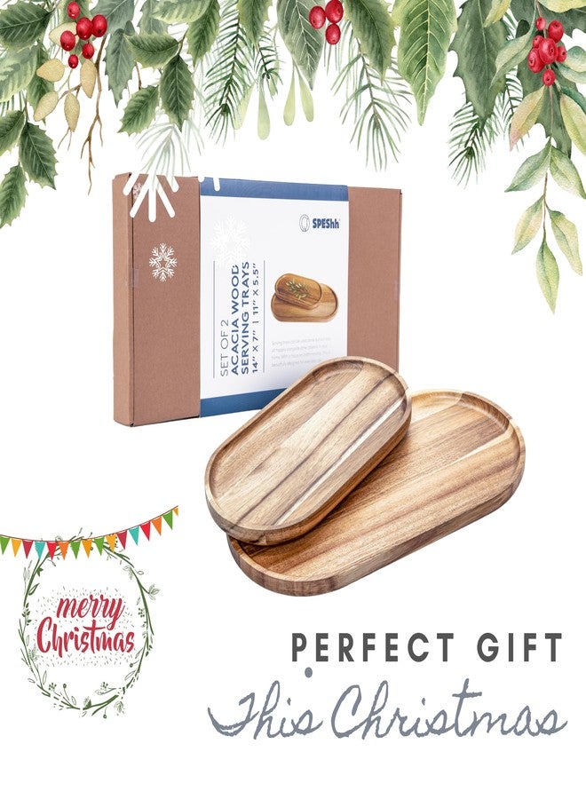 SPEShh Acacia Wooden Serving Trays Set of 2 - Rectangular Oval Shaped Wood Plates for Charcuterie Cheese Bread Fruit Vegetable Dip Sushi - Rustic Serving Platter Shallow Dishes -14x7 & 11x5.5 In. - Image 2